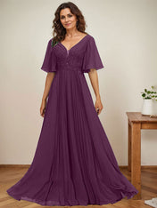 A-line V-Neck Floor-Length Chiffon Mother of the Bride Dress With Sequins Appliques Lace Pleated
