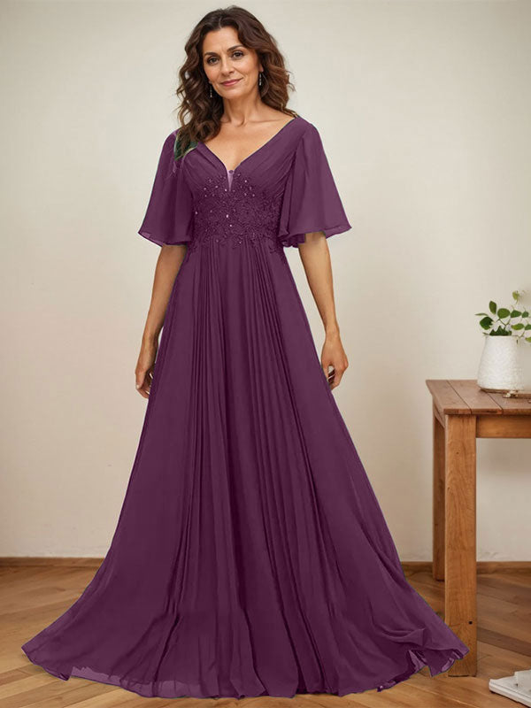 A-line V-Neck Floor-Length Chiffon Mother of the Bride Dress With Sequins Appliques Lace Pleated