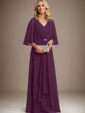 A-line V-Neck Floor-Length Chiffon Mother of the Bride Dress With Cascading Ruffles Crystal Brooch