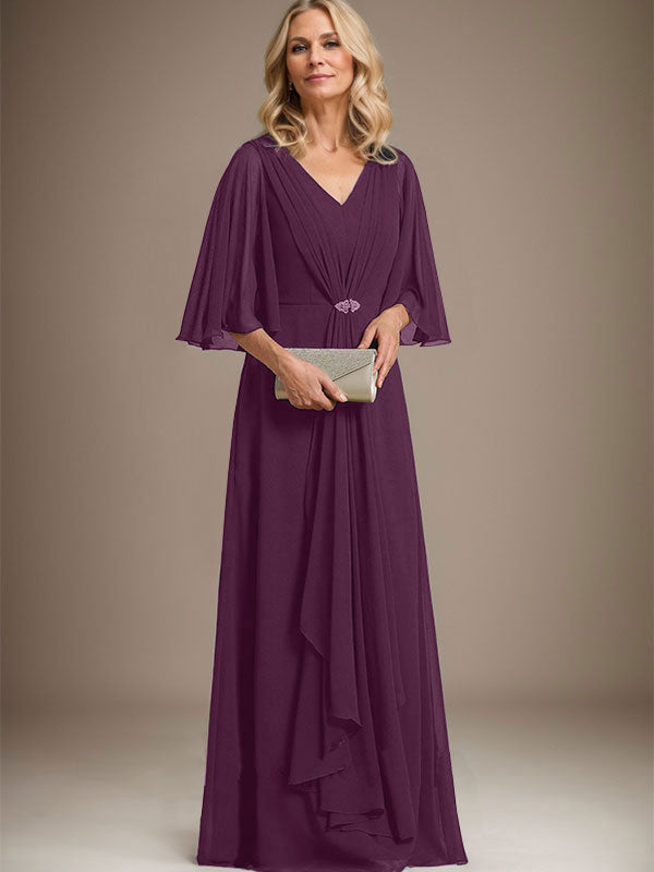 A-line V-Neck Floor-Length Chiffon Mother of the Bride Dress With Cascading Ruffles Crystal Brooch