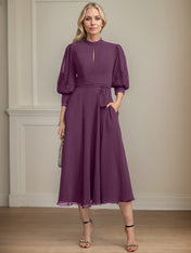 A-line High Neck Tea-Length Lace Chiffon Mother of the Bride Dress With Bow