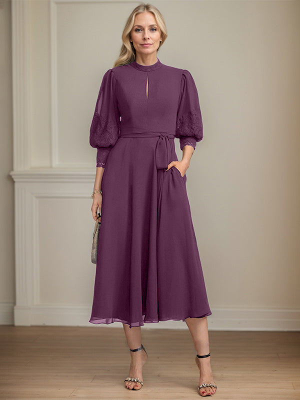 A-line High Neck Tea-Length Lace Chiffon Mother of the Bride Dress With Bow