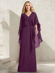 A-line V-Neck Floor-Length Chiffon Mother of the Bride Dress With Cascading Ruffles Beading