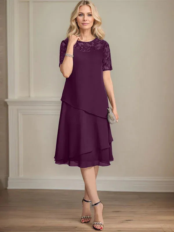 A-line Scoop Illusion Knee-Length Lace Chiffon Mother of the Bride Dress With Sequins