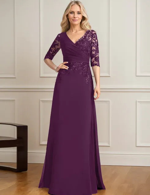 Robe de mère de la mariée trapèze, col en V, longueur au sol, en mousseline de soie et dentelle, avec sequins plissés 