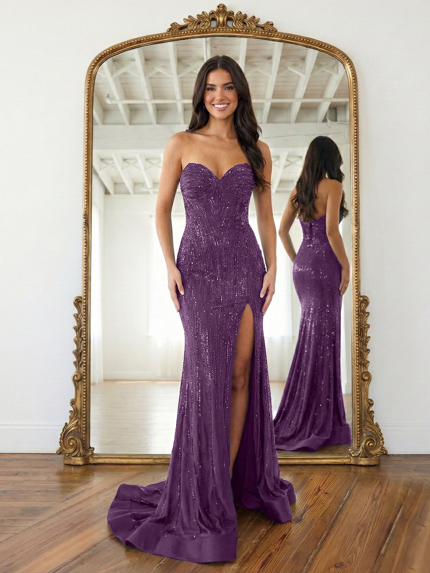 Navy Blue Strapless Sequin Prom Dress with Linear Beading