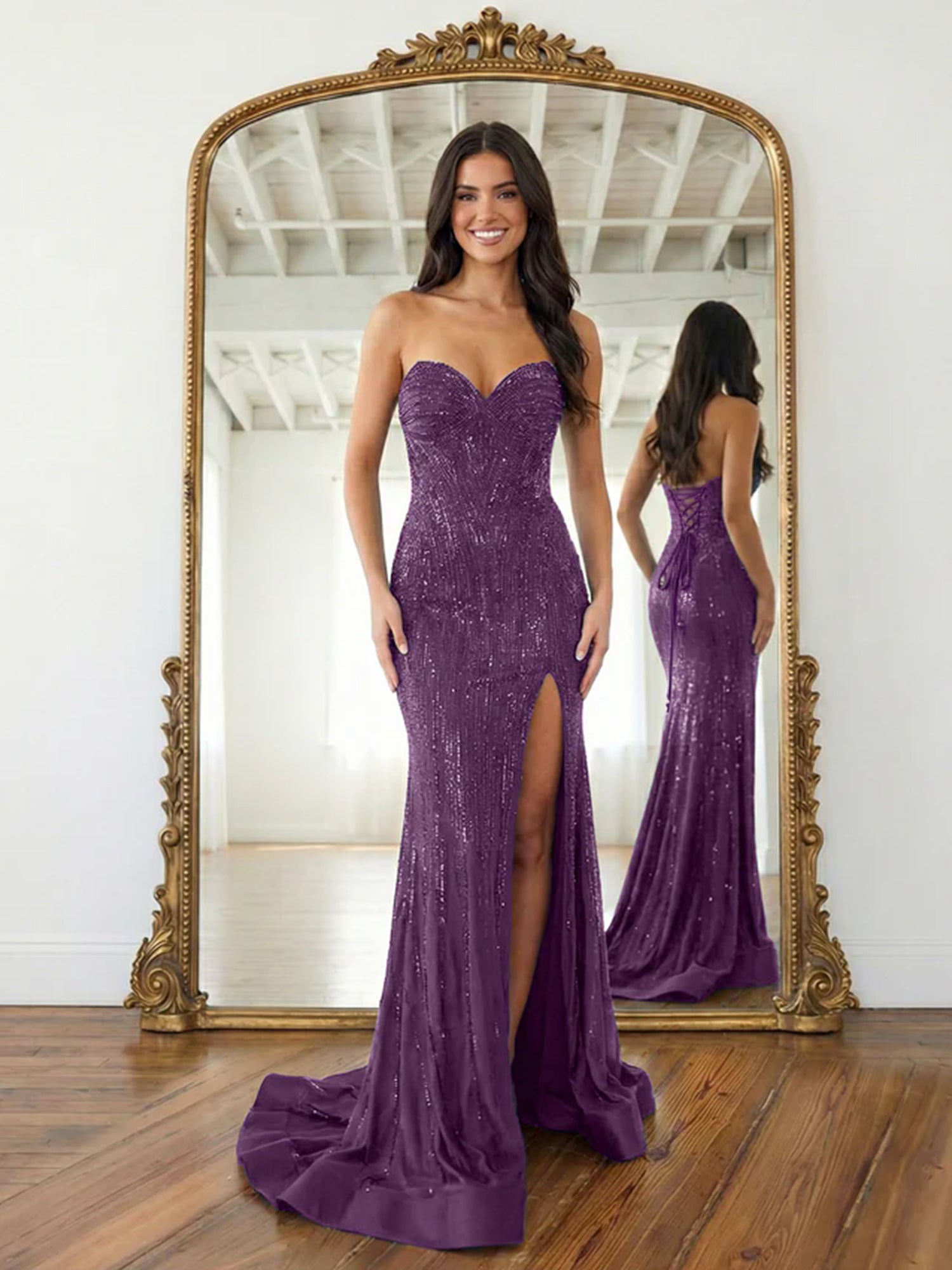 Navy Blue Strapless Sequin Prom Dress with Linear Beading