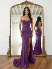 Navy Blue Strapless Sequin Prom Dress with Linear Beading