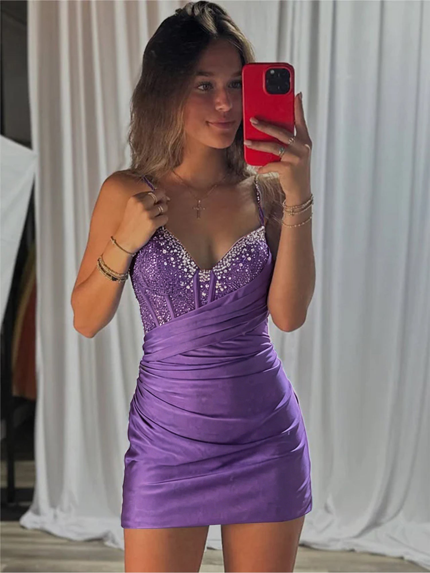 Beaded V Neck Corset Bodice Homecoming Dress