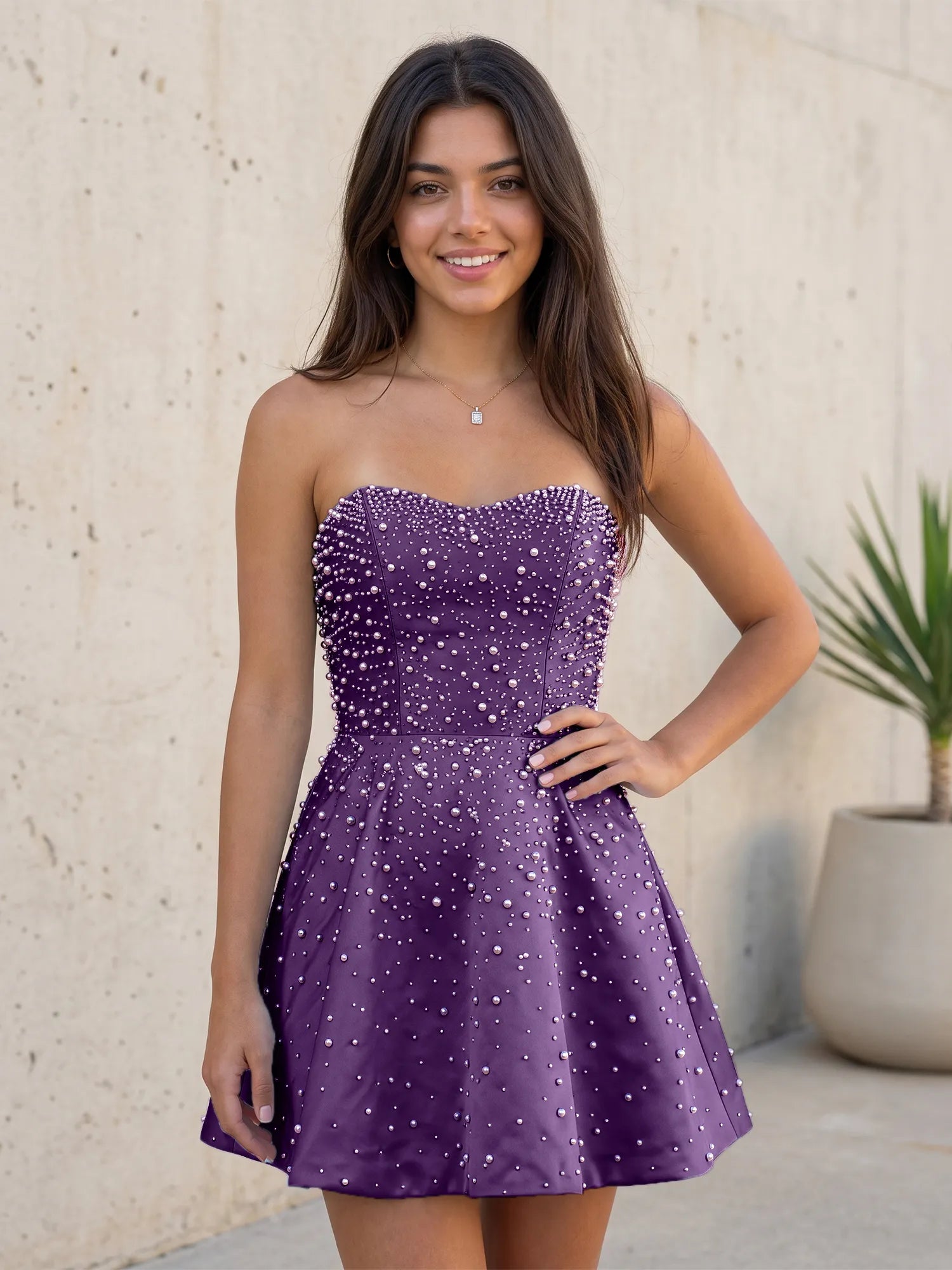 Baby Blue All Over Pearl Strapless Satin A-Line Mini Homecoming Dresses