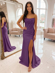 Romantic Pink Satin Corset Slit Prom Dress with Beaded Bodice