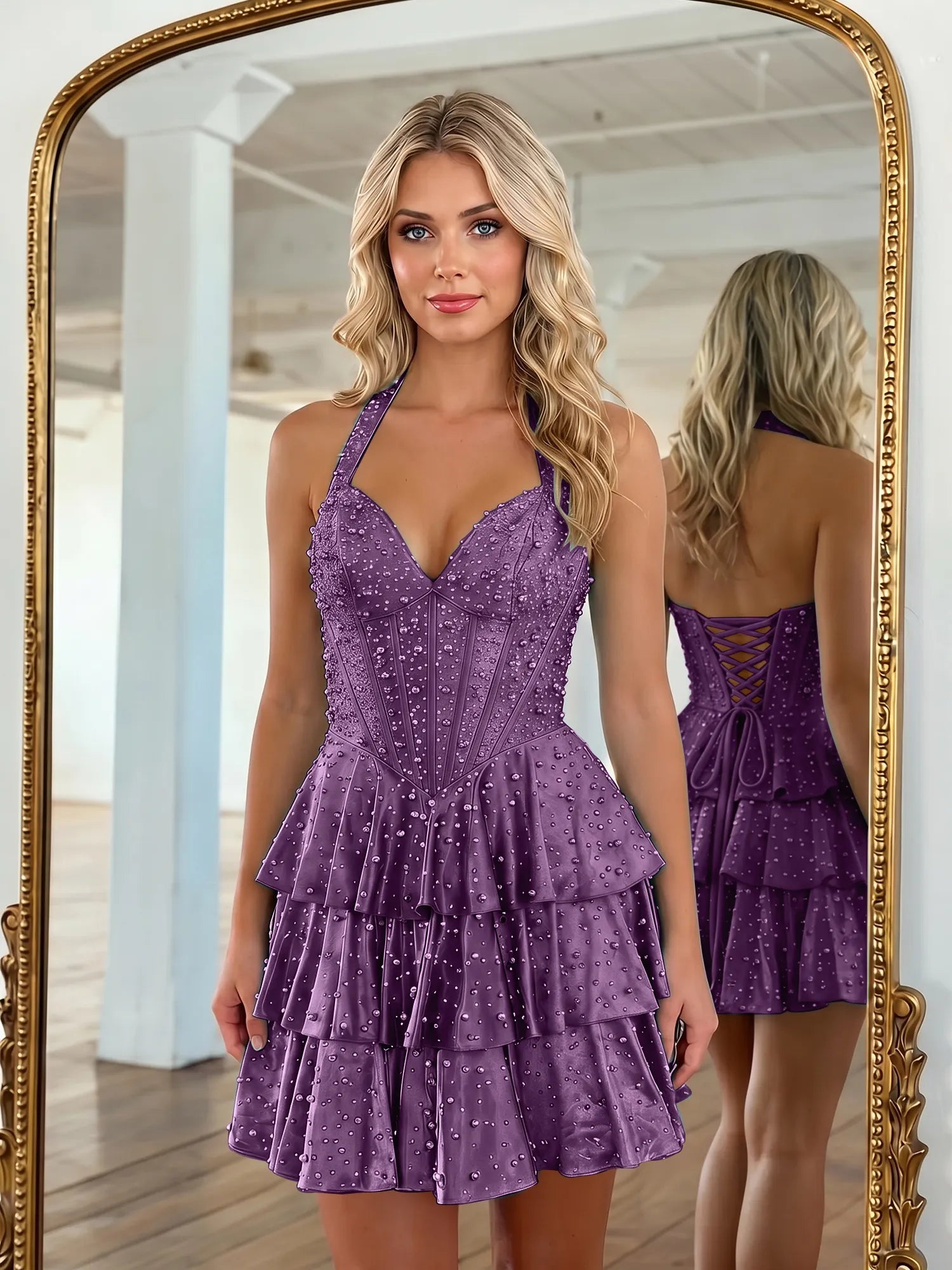 Halter Neck Pearl Beaded Tiered Short Homecoming Dresses