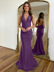 Light Blue Mermaid Halter Backless Long Prom Dress