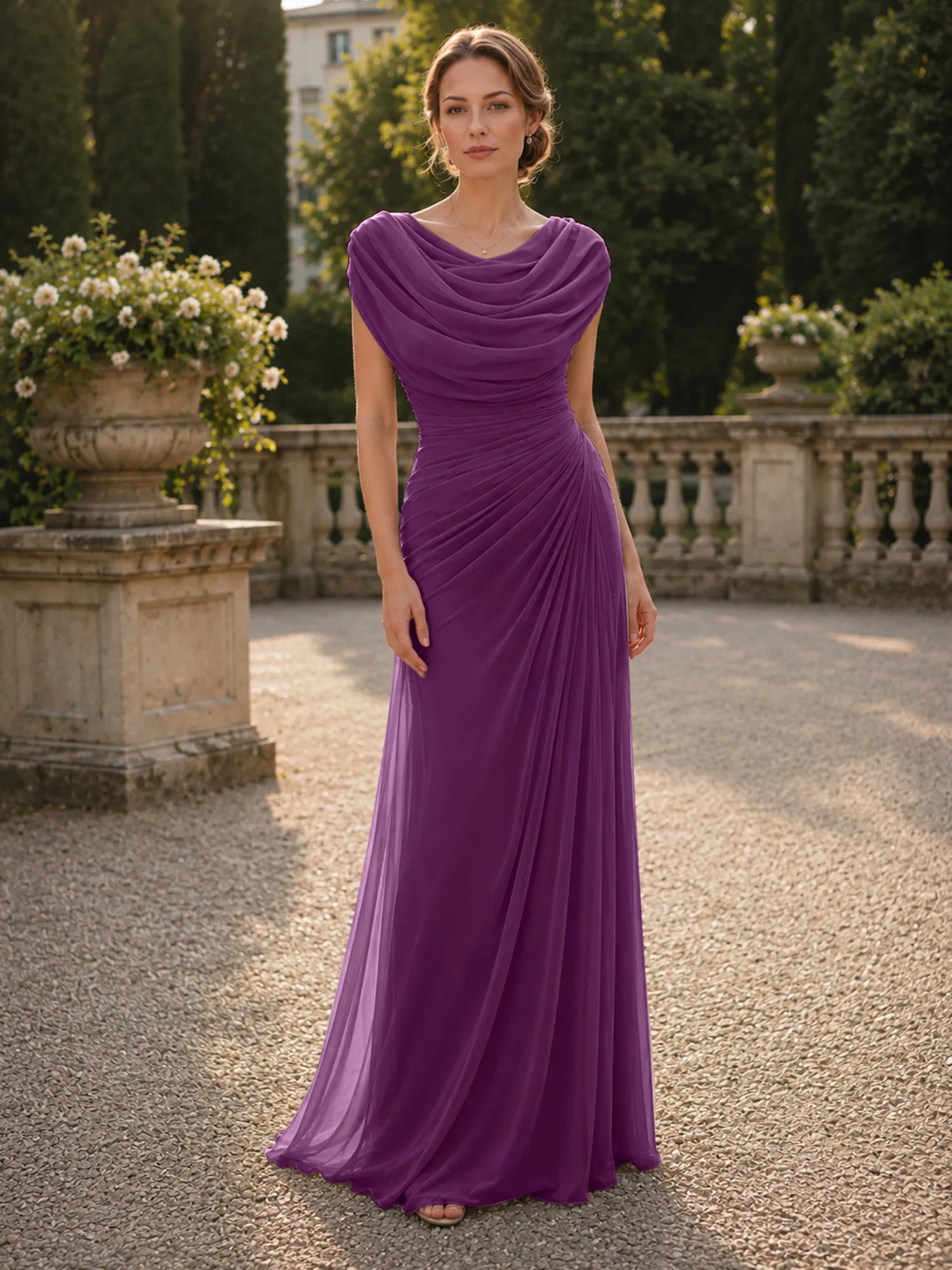 Cowl Neck Mermaid Evening Dresses with Flowing Floor-Length Skirt
