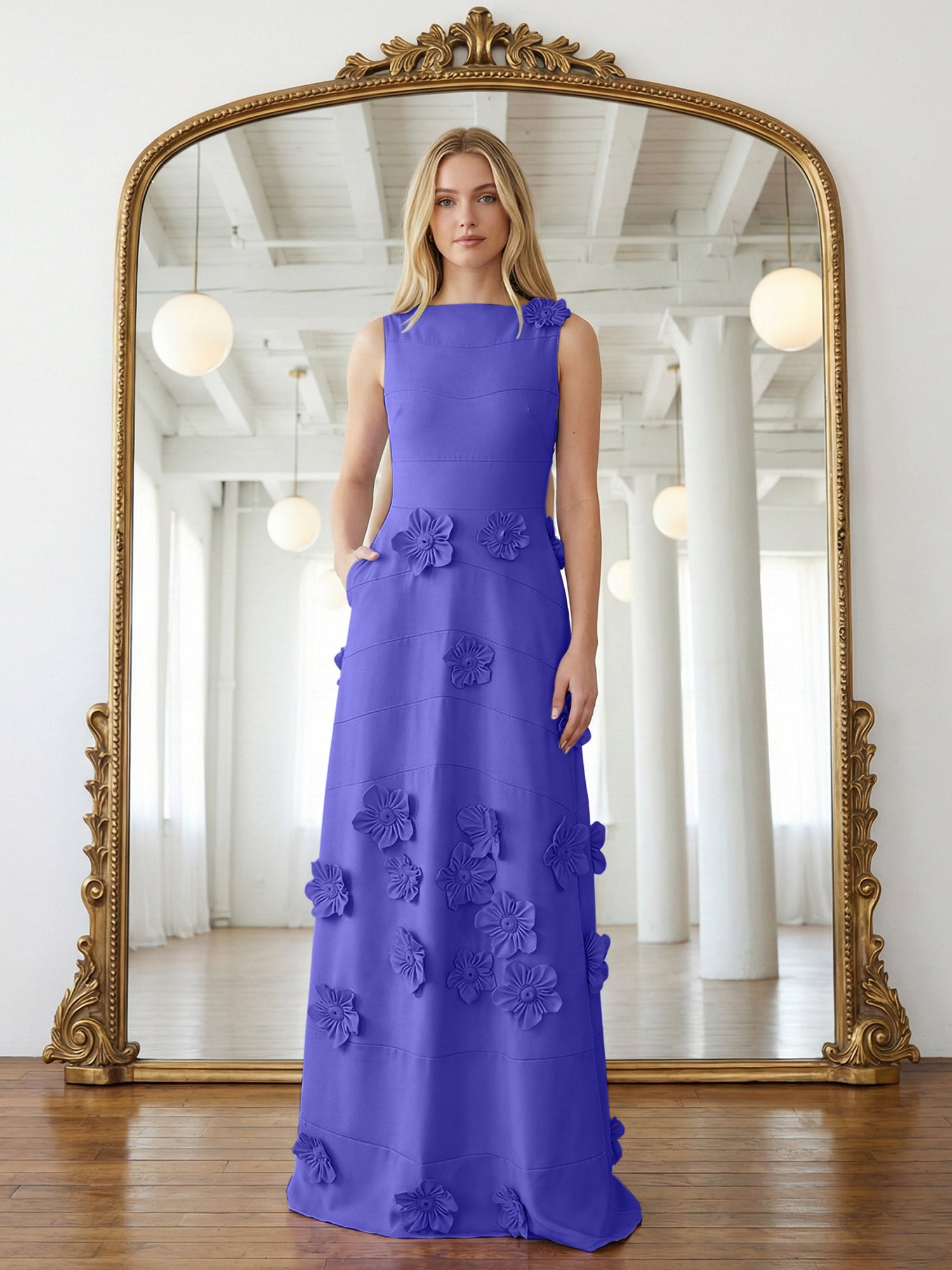 Lavender Boat Neck Formal Gown with Cascading 3D Flowers