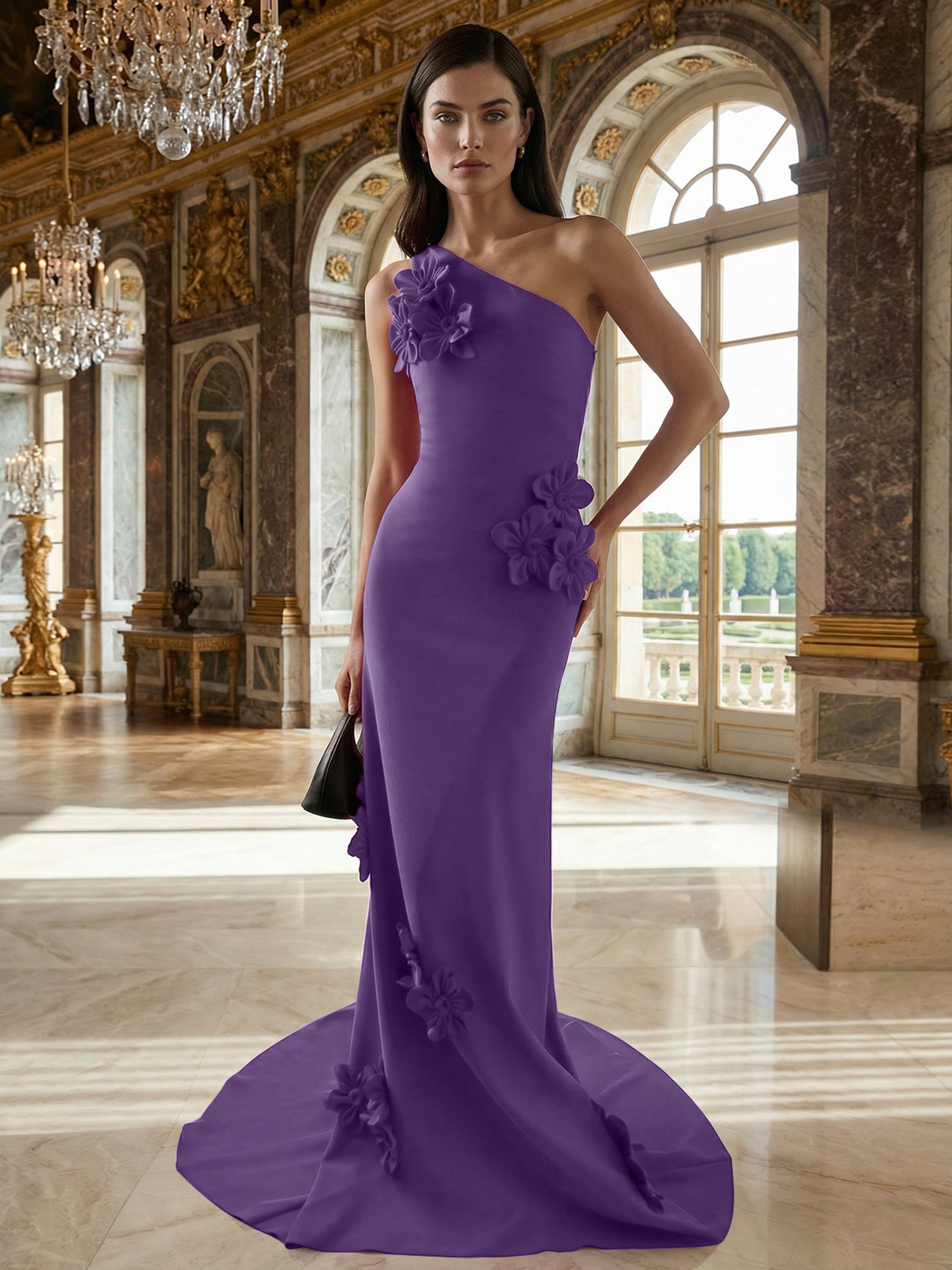 A Line One Shoulder Sleeveless Floor Length Stretch Crepe Dress With 3D Flowers