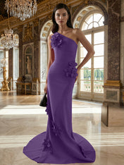 A Line One Shoulder Sleeveless Floor Length Stretch Crepe Dress With 3D Flowers