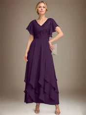 A-line V-Neck Ankle-Length Lace Chiffon Mother of the Bride Dress With Cascading Ruffles