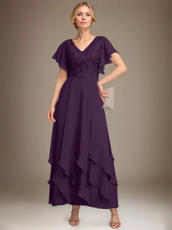 Robe de mère de la mariée trapèze, col en V, longueur cheville, en mousseline de soie et dentelle, avec volants en cascade 
