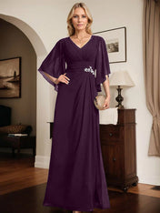 Sheath/Column V-Neck Floor-Length Chiffon Mother of the Bride Dress With Pleated Sequins Beading