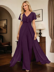 Jumpsuit/Pantsuit V-Neck Floor-Length Chiffon Evening Dress
