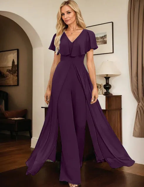 Pantsuit V-Neck Floor-Length Chiffon Evening Dress