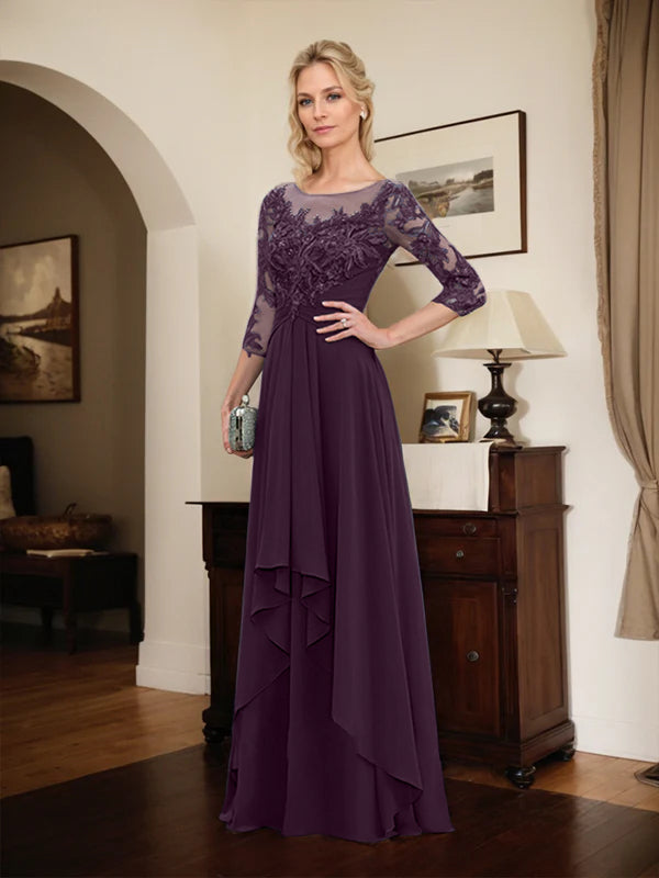 A-line Scoop Illusion Floor-Length Lace Chiffon Mother of the Bride Dress With Cascading Ruffles