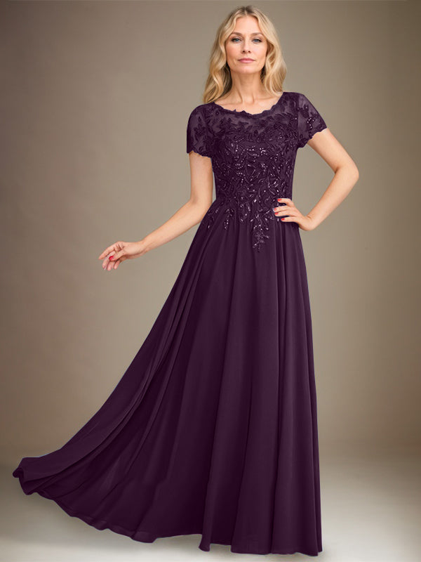 A-Line Scoop Floor-Length Chiffon Mother of the Bride Dress With Applique & Sequins