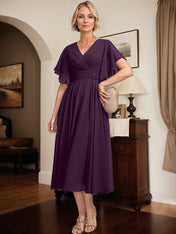 A-line V-Neck Tea-Length Chiffon Mother of the Bride Dress With Pleated Beading