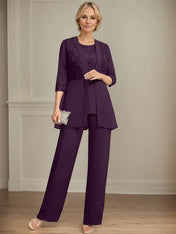 Jumpsuit/Pantsuit Separates Scoop Floor-Length Chiffon Lace Mother of the Bride Dress With Sequins