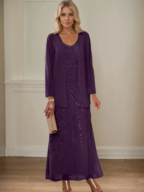 Robe de mère de la mariée fourreau/colonne, col en V, longueur cheville, avec veste et paillettes 