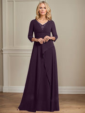 A-line V-Neck Floor-Length Chiffon Mother of the Bride Dress With Pleated Beading