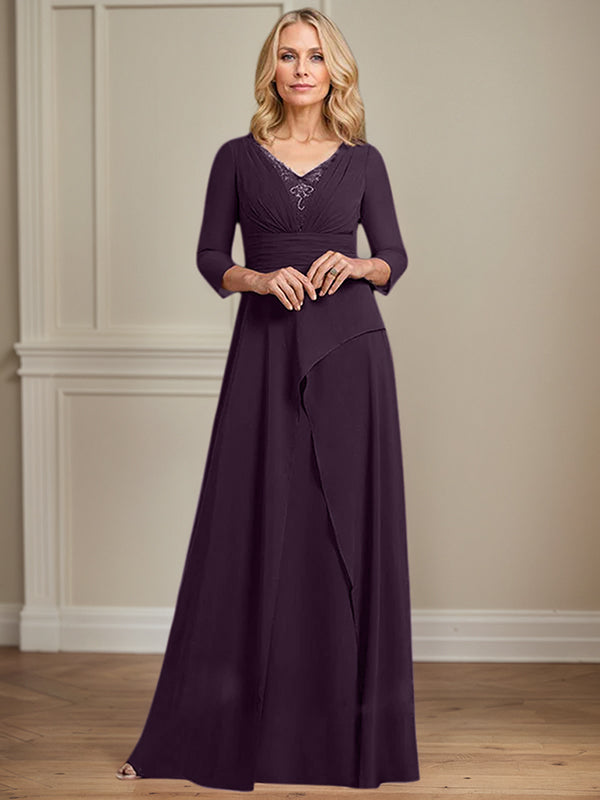 A-line V-Neck Floor-Length Chiffon Mother of the Bride Dress With Pleated Beading