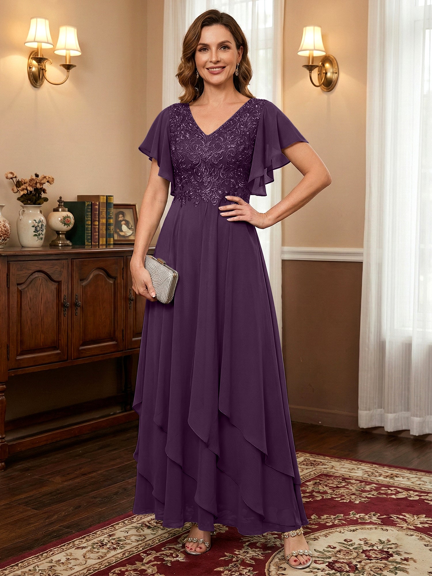 A-line V-Neck Ankle-Length Lace Chiffon Mother of the Bride Dress With Cascading Ruffles