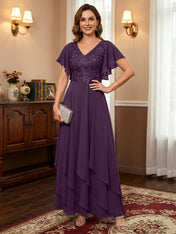 A-line V-Neck Ankle-Length Lace Chiffon Mother of the Bride Dress With Cascading Ruffles