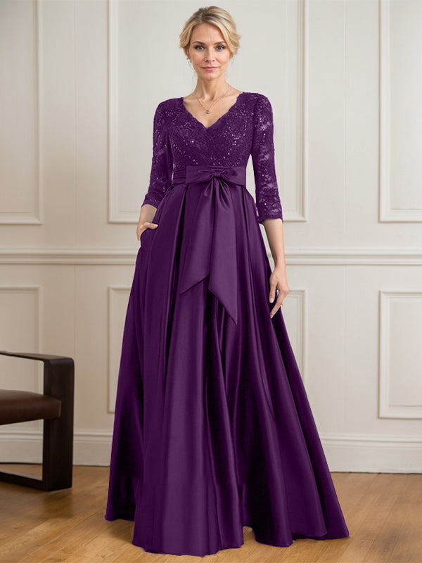 A-line V-Neck Floor-Length Satin Lace Mother of the Bride Dress With Sequins Bow