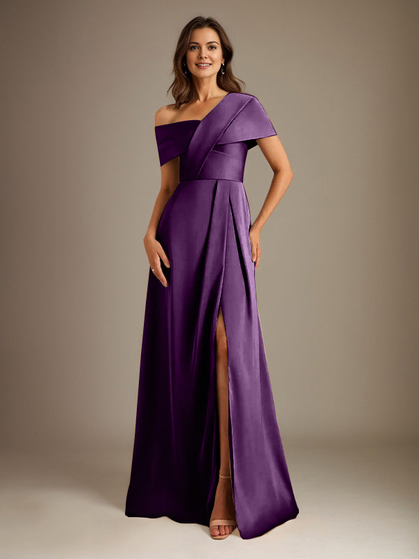 A-Line Asymmetrical Neckline Floor-Length Satin Mother of the Bride Dress With Pleated