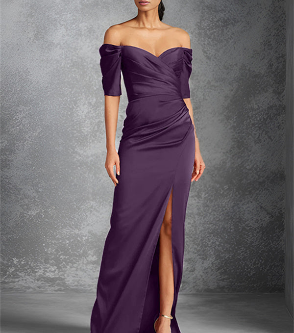 Column Off-the-Shoulder Short Sleeves Floor-Length Mother of the Bride Dresses With Split Front