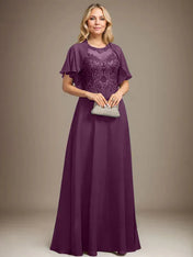A-line Scoop Illusion Floor-Length Lace Chiffon Mother of the Bride Dress With Sequins