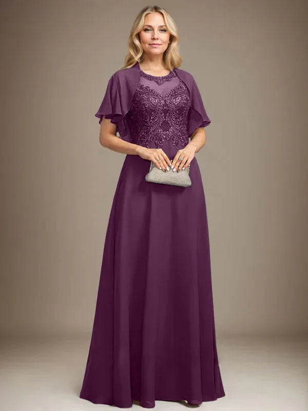 A-line Scoop Illusion Floor-Length Lace Chiffon Mother of the Bride Dress With Sequins
