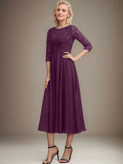 A-line Scoop Tea-Length Lace Chiffon Mother of the Bride Dress With Sequins