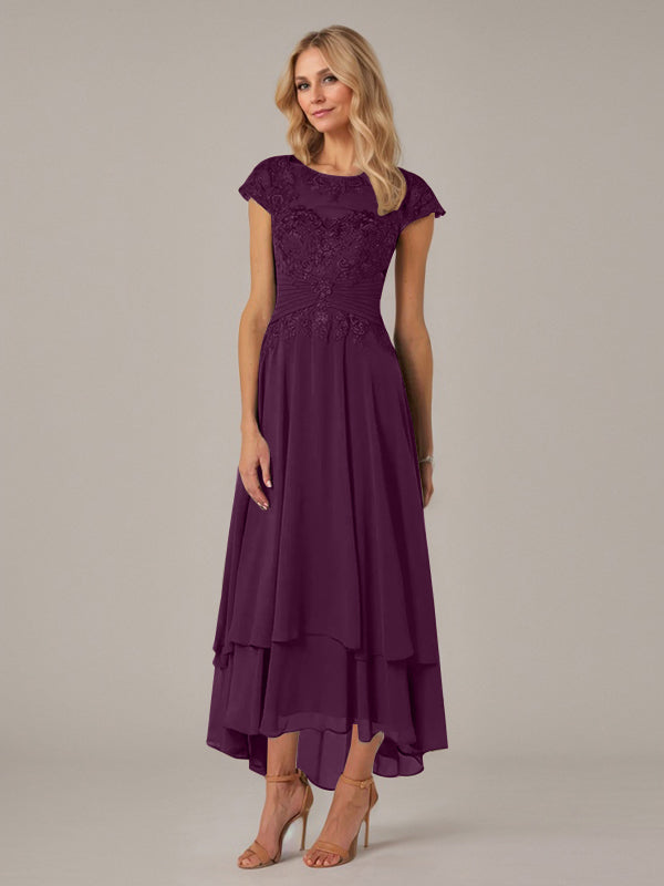 A-line Boat Neck Illusion Asymmetrical Chiffon Lace Mother of the Bride Dress With Applique Pleats