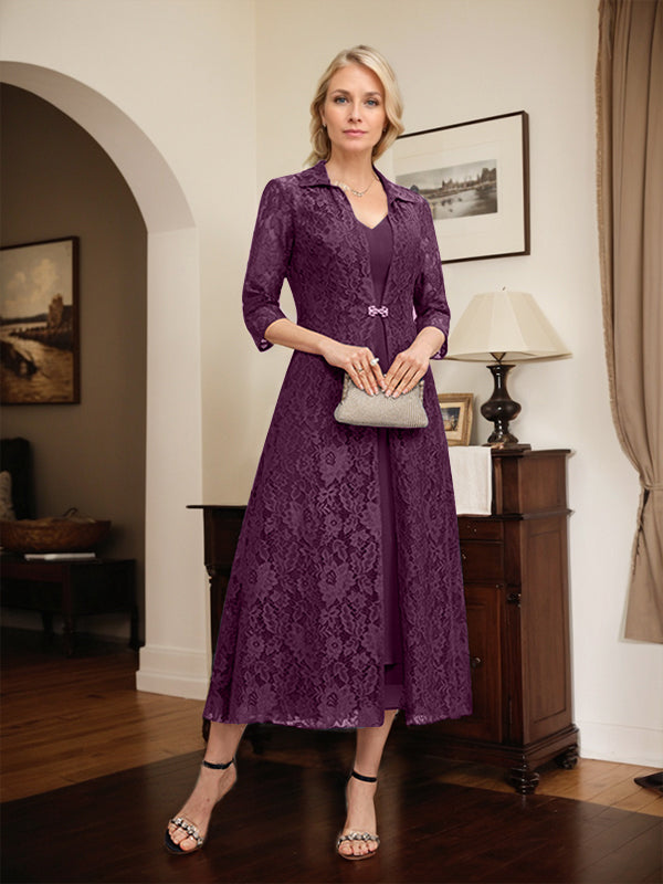 Robe de mère de la mariée en mousseline de soie, coupe trapèze, col en V et longueur thé 