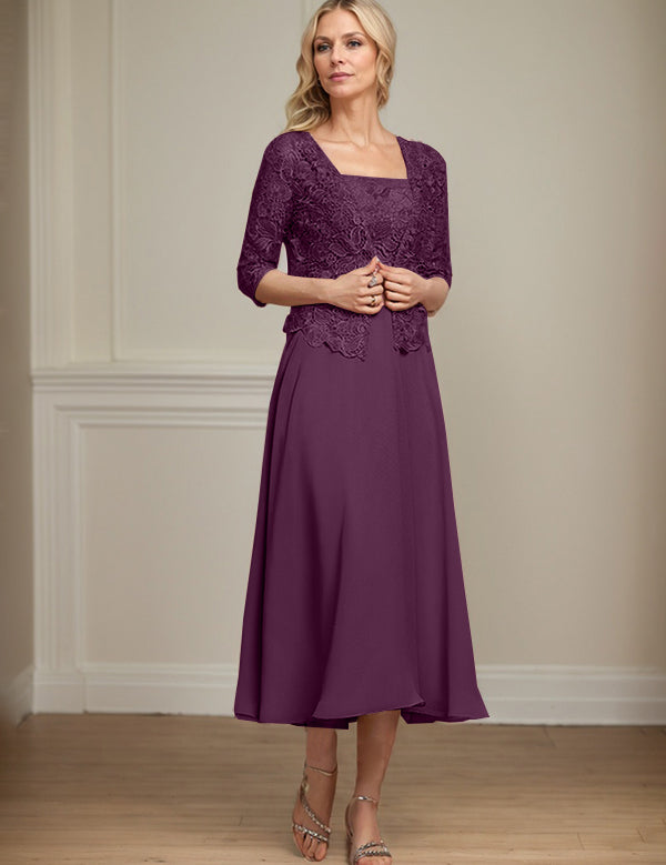A-line Square Tea-Length Chiffon Lace Mother of the Bride Dress With Sequins Beading