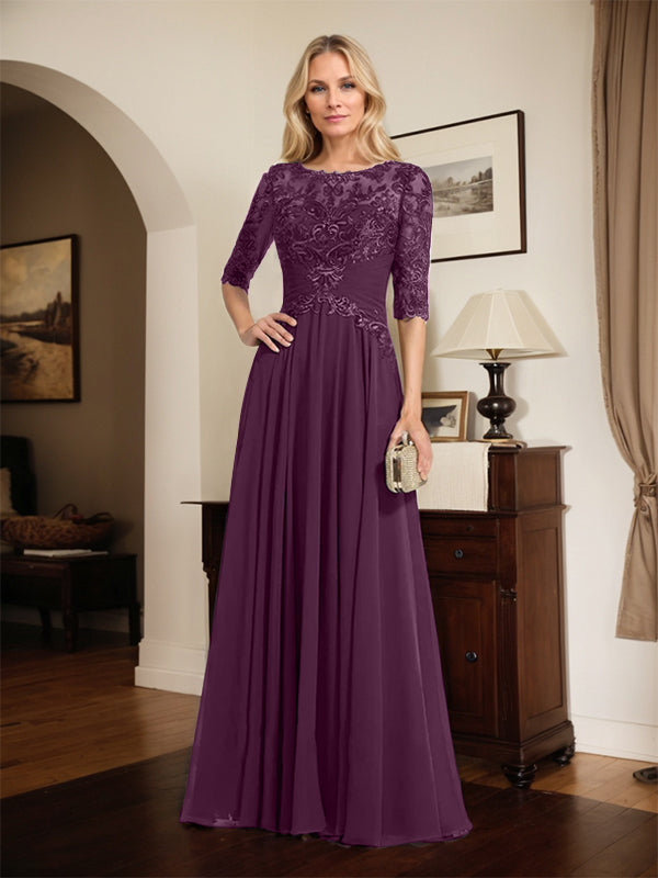 A-line Scoop Illusion Floor-Length Chiffon Lace Mother of the Bride Dress With Pleated Sequins