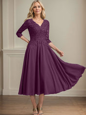 A-line V-Neck Tea-Length Chiffon Lace Mother of the Bride Dress With Beading Sequins