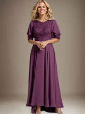 A-line Scoop Illusion Asymmetrical Chiffon Lace Mother of the Bride Dress With Beading