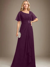 A-line Asymmetrical Floor-Length Chiffon Mother of the Bride Dress With Pleated Beading Sequins