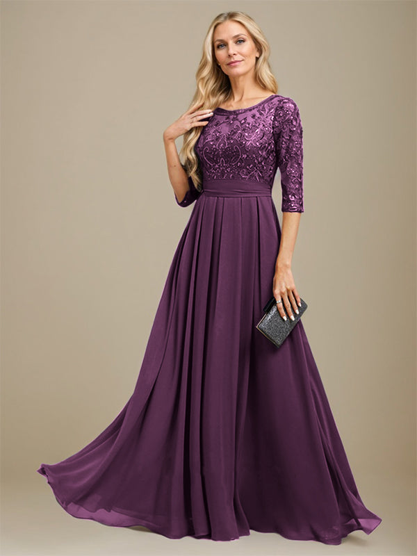 A-Line Scoop Floor-Length Lace Chiffon Mother Of the Bride Dress With Sequins Applique