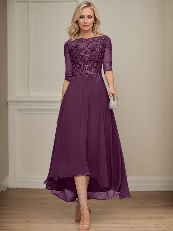 A-line Boat Neck Illusion Asymmetrical Chiffon Lace Mother of the Bride Dress With Sequins Beading
